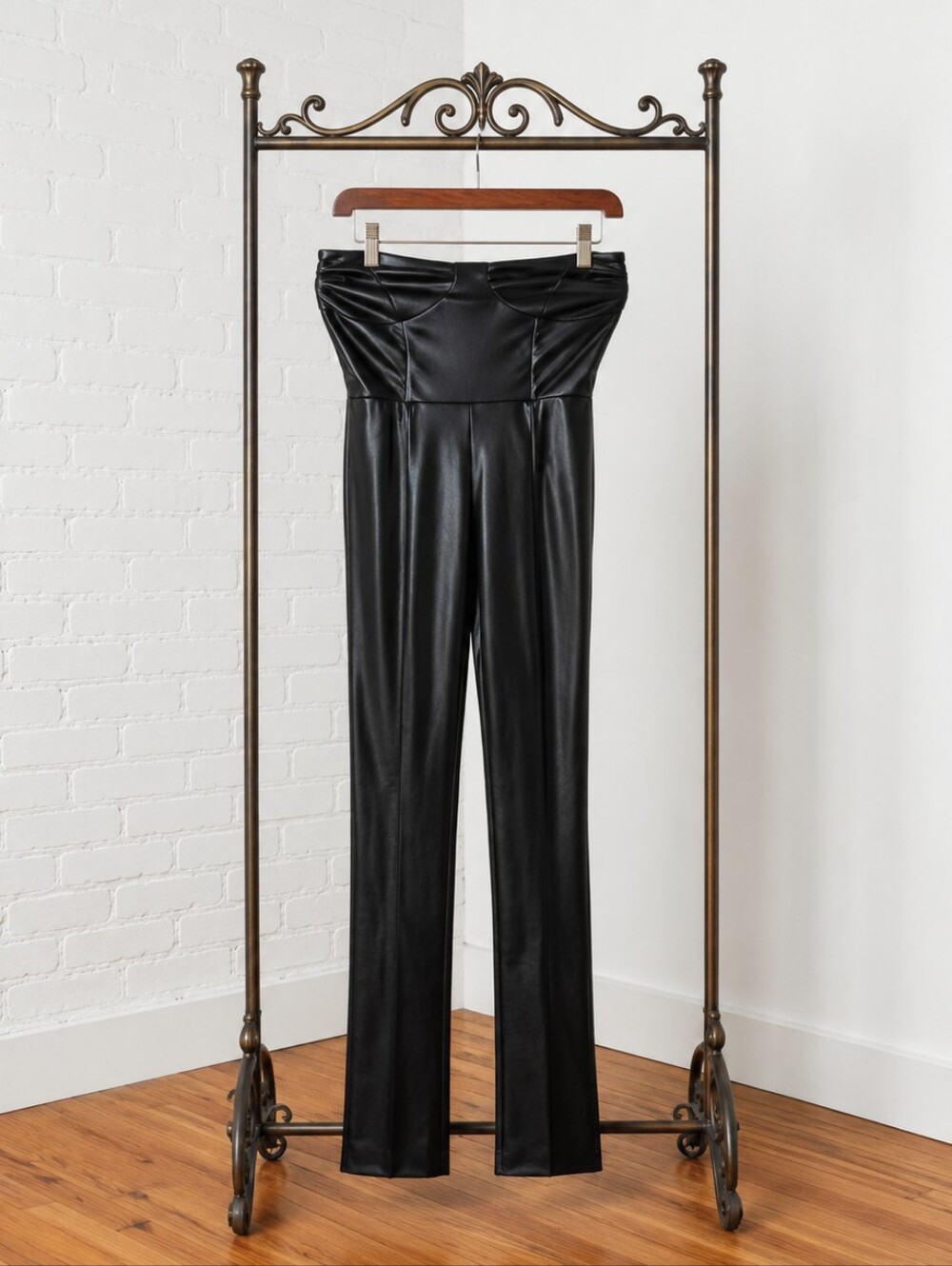 PrettyLittleThing Black Faux Leather Strapless Jumpsuit